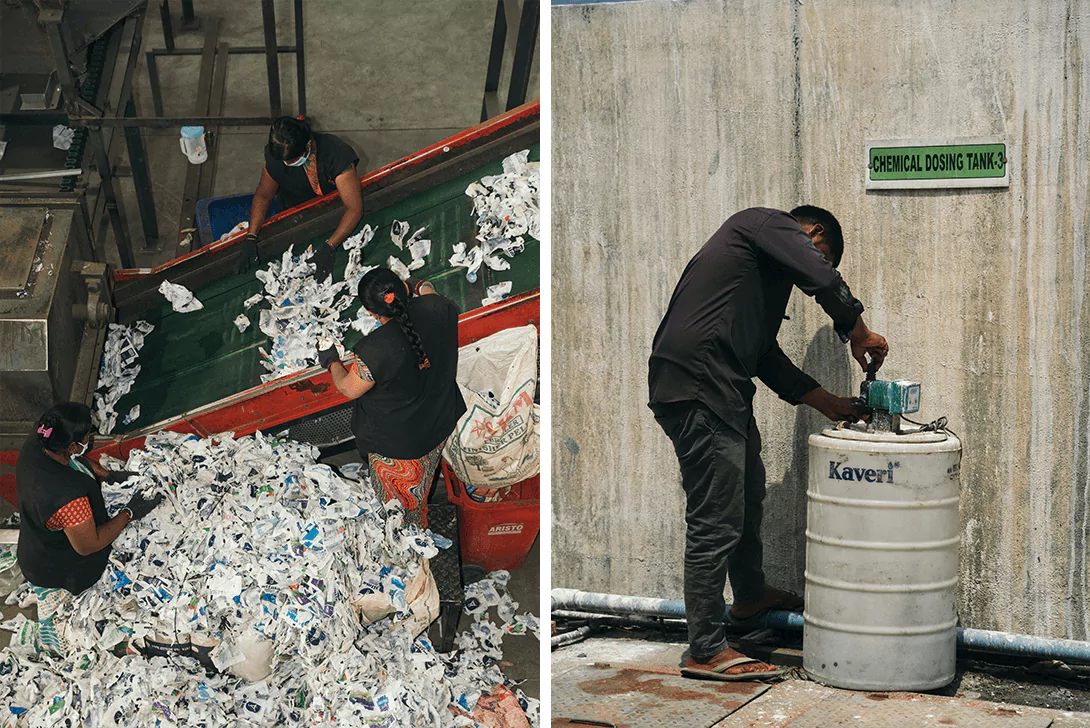 Waste being sorted and a man at a chemical dosing tank
