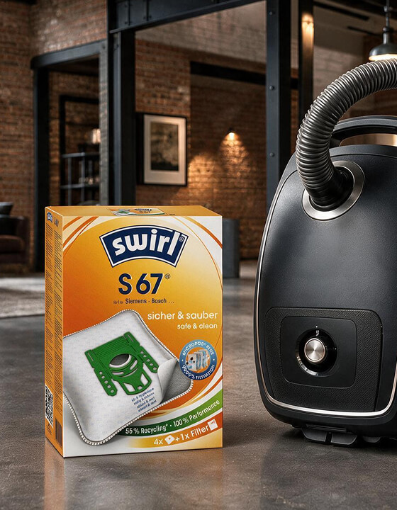 Packaging of Swirl S67 vacuum bags stands beside a black canister vacuum cleaner in a room with a brick wall.