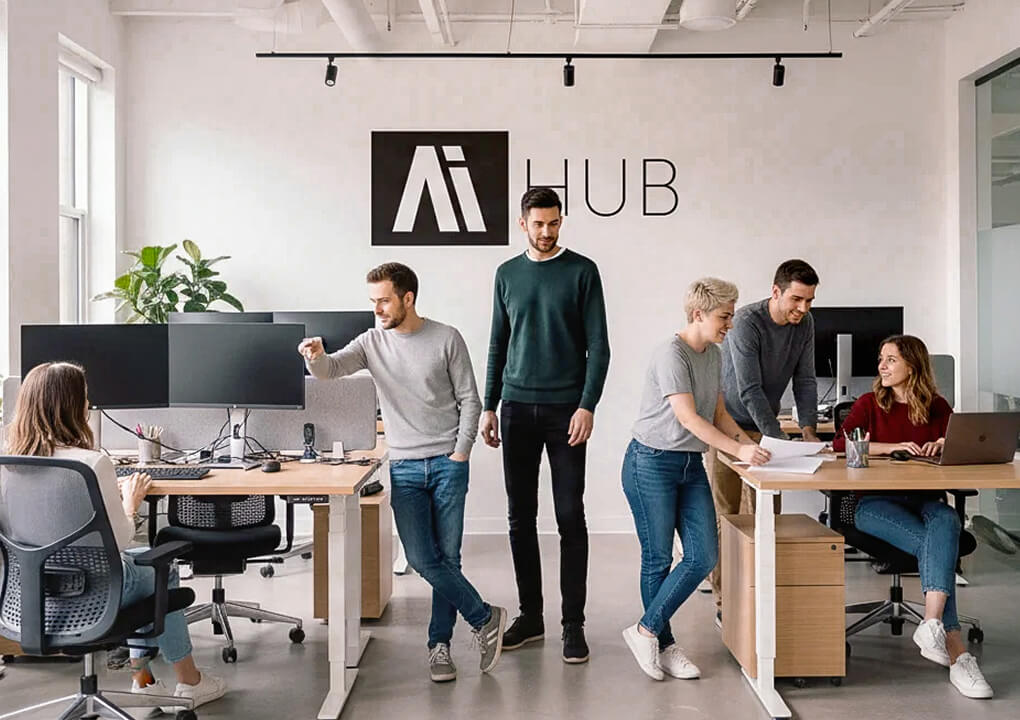 Team members collaborate and focus at shared desks in the open AI Hub office, with the large central logo on the back wall.