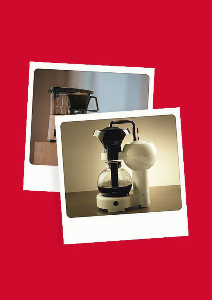 Two iconic design coffee makers presented as overlapping Polaroid photos on bold red background for the 60 year anniversary.
