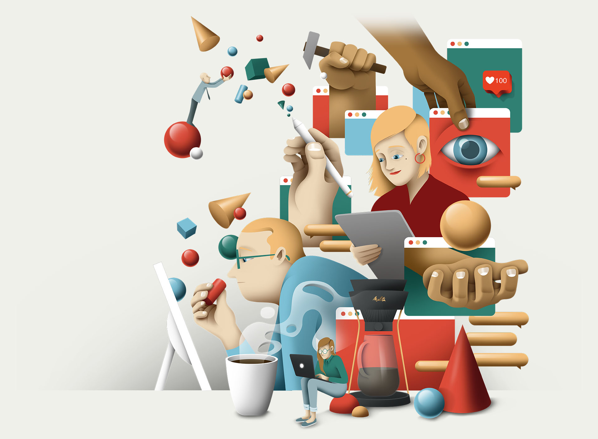 Statement #2 Digitalisierung und Vernetzung: große Illustration mit Kaffeemaschine, Mann mit Brille, lesende Frau, Hände und Mädchen mit Laptop (Foto)