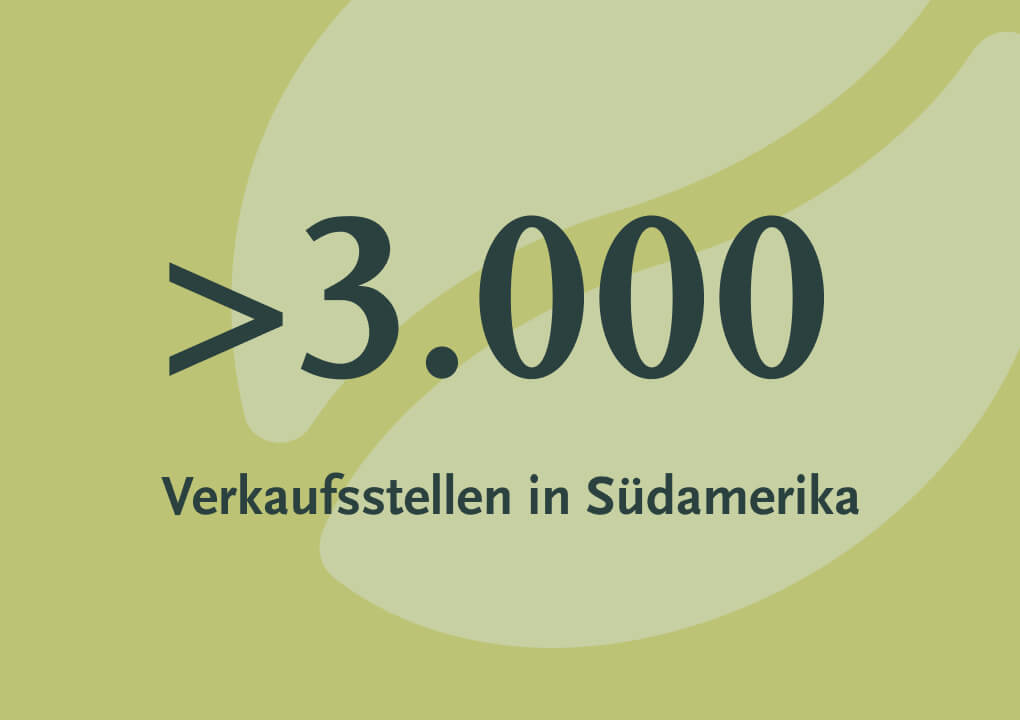 Keyvisual mit Zahl &bdquo;>3.000 Verkaufsstellen in S&uuml;damerika&ldquo; auf hellgr&uuml;nem Hintergrund mit Kaffeebohnenmotiv.