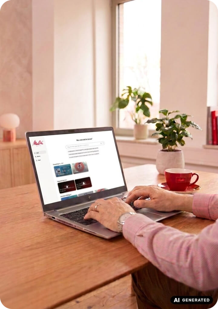 Person arbeitet an einem Laptop mit ge&ouml;ffneter Mediathek, neben roter Tasse und Zimmerpflanzen am Holztisch