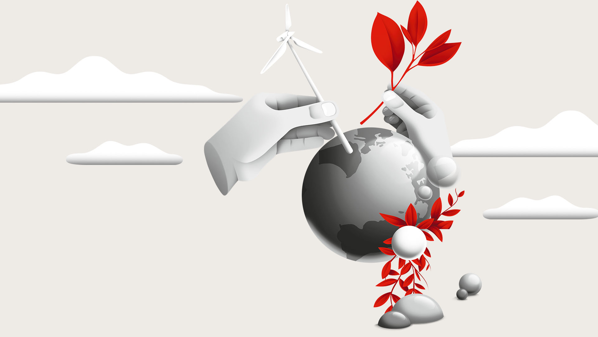 Globe, hands, branches and pinwheel - illustration (illustration)