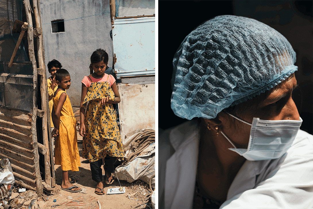 Children and a woman wearing a mask and hair net