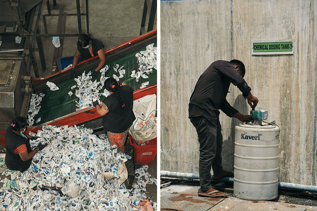 Waste being sorted and a man at a chemical dosing tank